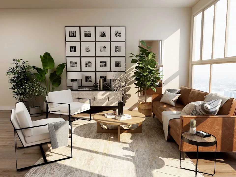 Warm modern living room with natural materials and generous light